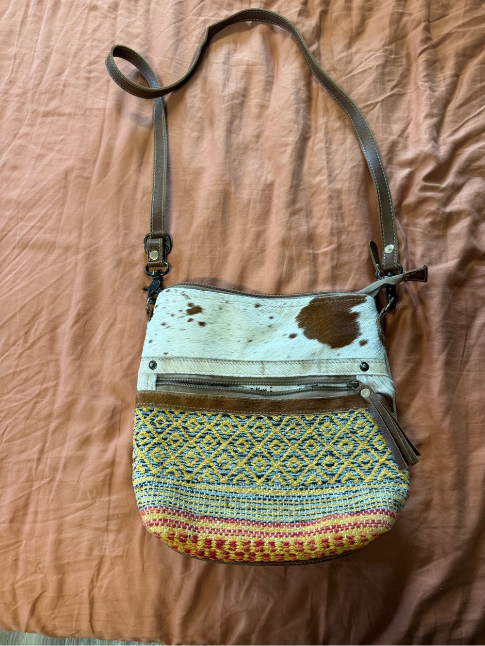 Myra Bag Brown and White Cowhide Crossbody with Yellow Woven Panel